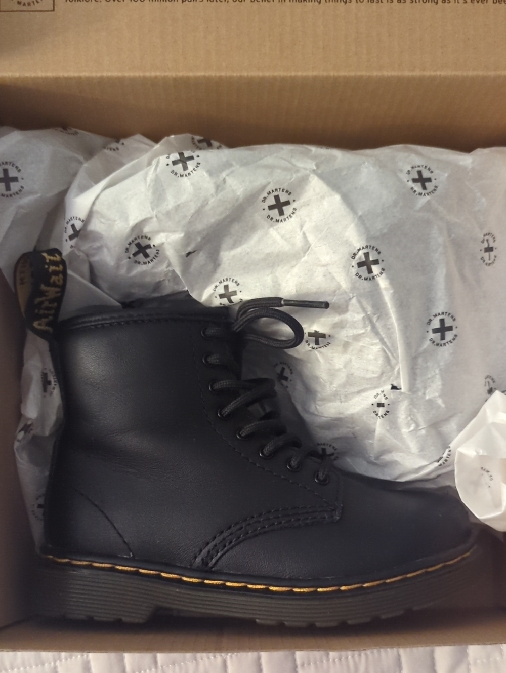 Dr. Martens Kids Black Leather Lace-Up Ankle Boot with Yellow Stitching